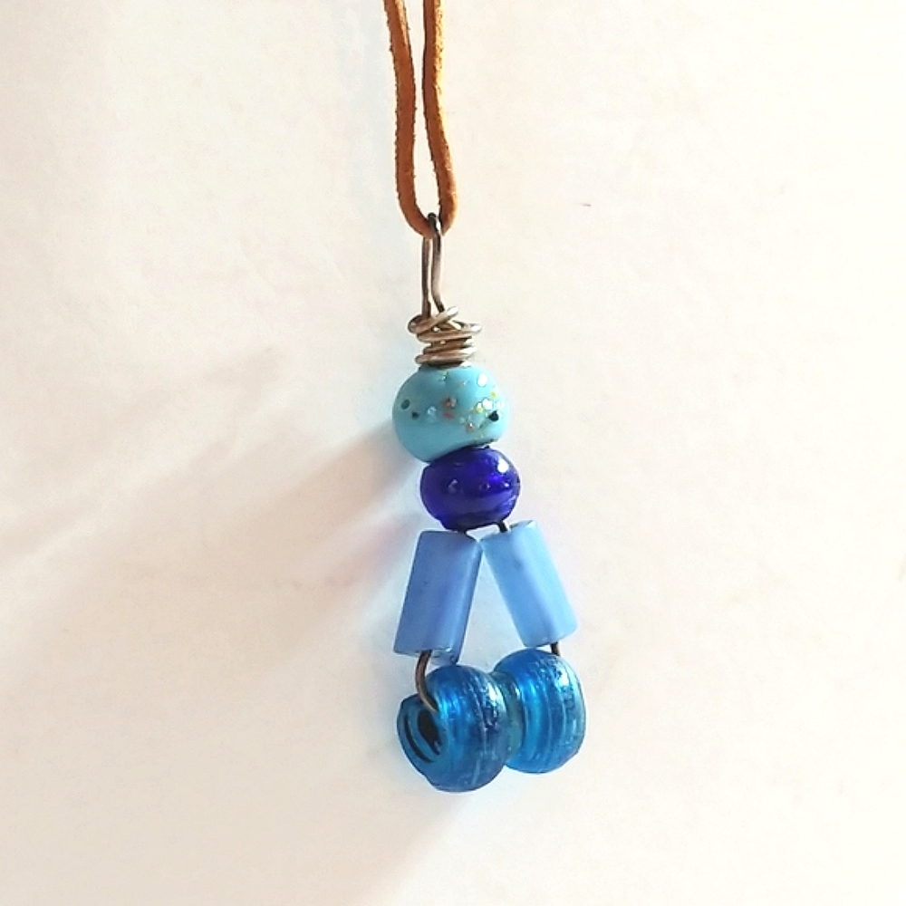 Vintage Bead Pendant Necklace Glass Silver Wrap Blue Jewelry